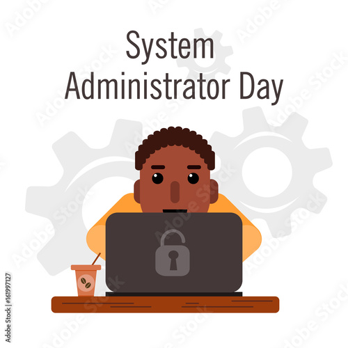Day of the system administrator. Cartoon, funny picture man curly hair, a swarthy complexion by the system administrator.