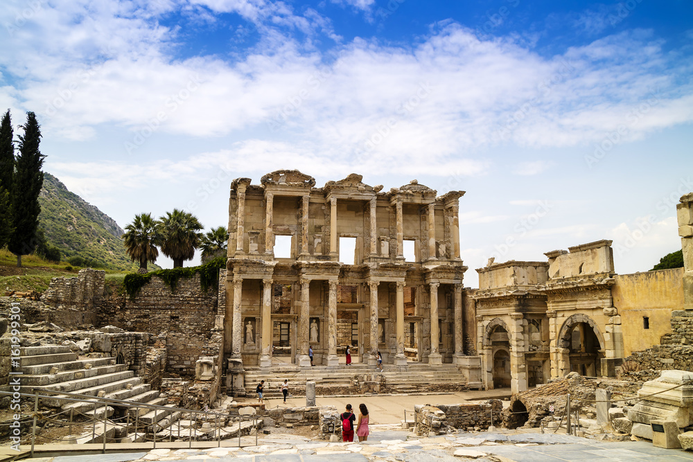 Facade of the Library of Celsus, an ancient Roman building in Ephesus, Anatolia is a popular tourist attraction.
