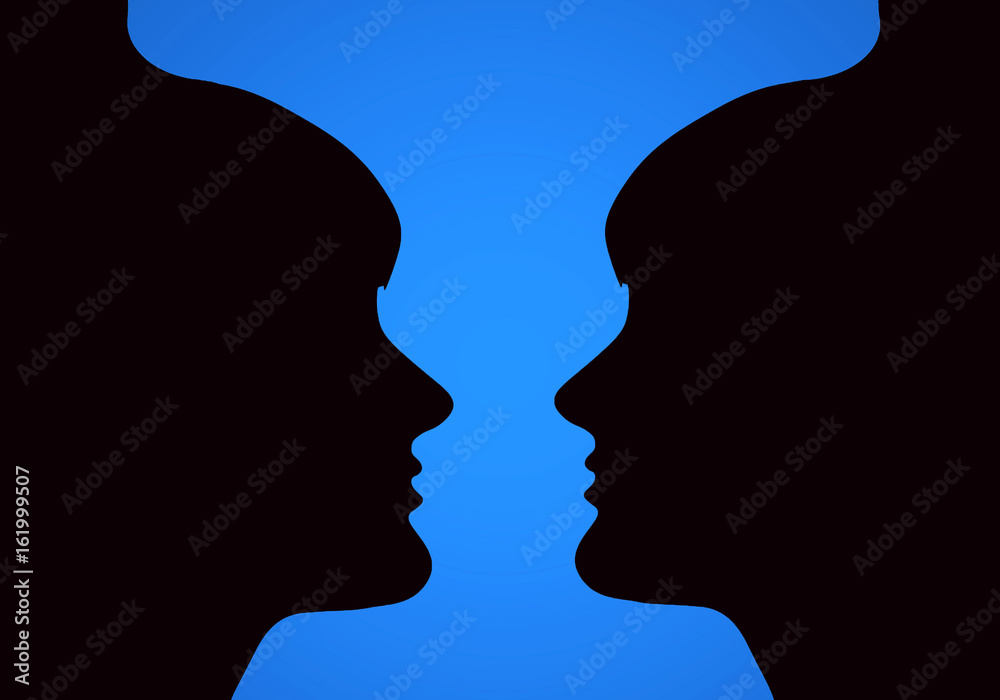 Caras y copa, fondo azul iluminado, abstracto, doble cara, silueta de mujer, azul y negro