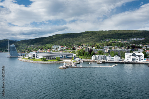 Seaside view of Molde, Norway. The city is located on the northern shore of the Romsdalsfjord and is nicknamed ‘The Town of Roses’.