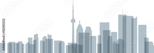 A skyline silhouette of the city of Toronto  Ontario  Canada with overlapping  transparent office towers.