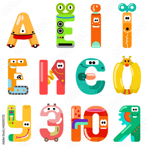 Vowels of the Cyrillic alphabet like different robots / There are vowels of the Cyrillic alphabet with eyes, mouths, and gears. The letters belong to Russian, Ukrainian and Bulgarian alphabet

