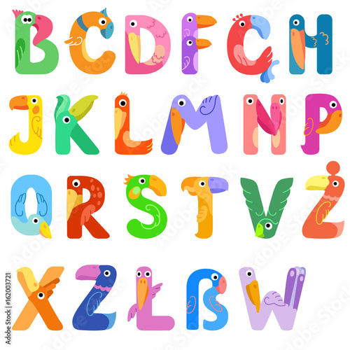Consonants of the Latin alphabet like different birds / There are vowels of the Latin alphabet with eyes, beaks, and wings. The letters belong to English, Polish and German alphabet
