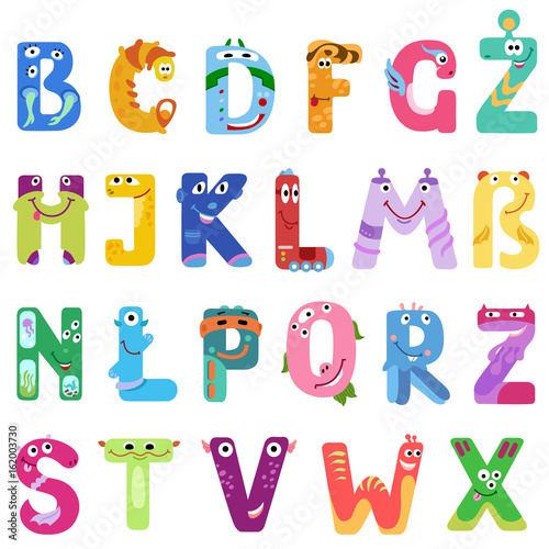 Consonants of the Latin alphabet like different monsters / consonants of the Latin alphabet with eyes, mouths, and ears. The letters are belong to English, Polish and German alphabet