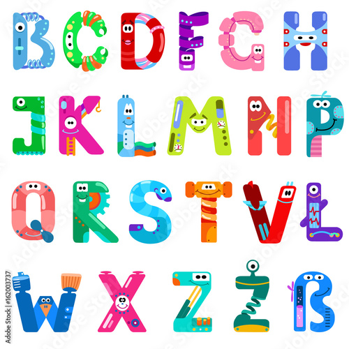 Consonants of the Latin alphabet like different robots / There are consonants of the Latin alphabet with eyes, mouths, and gears. The letters belong to English, Polish and German alphabet
 photo