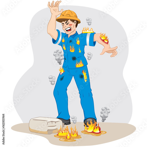 Illustration represents safety at work, worker man catching fire after an accident with inflammable product. Ideal for work safety and educational materials