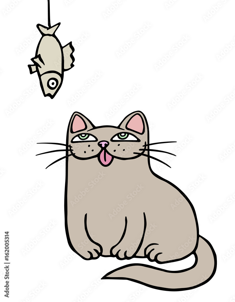 Obraz premium Cute grey cat sits and looks at the hanging dried fish. Vector illustration.