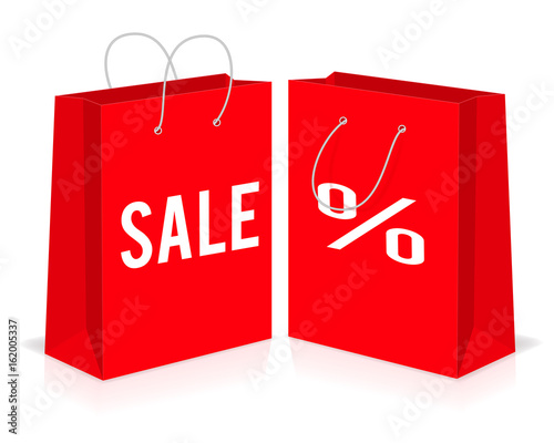 Red shopping paper empty bags with percent and sale signs. Vector illustration.