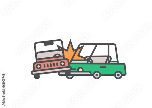 Flat line car insurance simple illustration featuring road accident. Vector icon of automobile crash on white background. Two vehicles hit into each other.