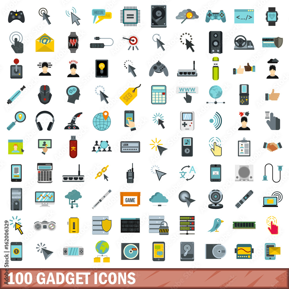 100 gadget icons set, flat style