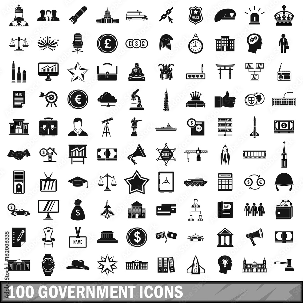 100 government icons set, simple style 