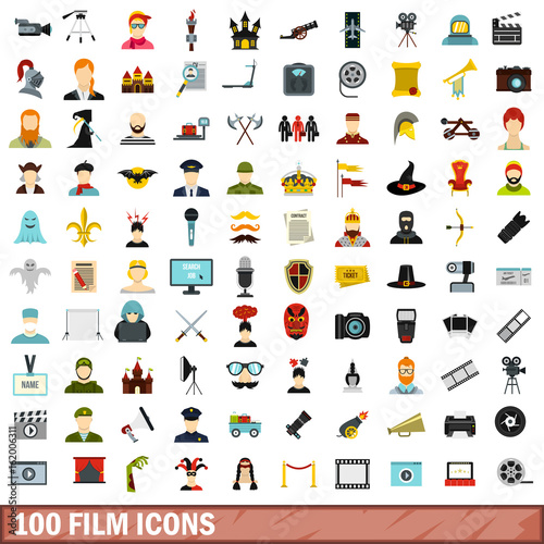 100 film icons set, flat style