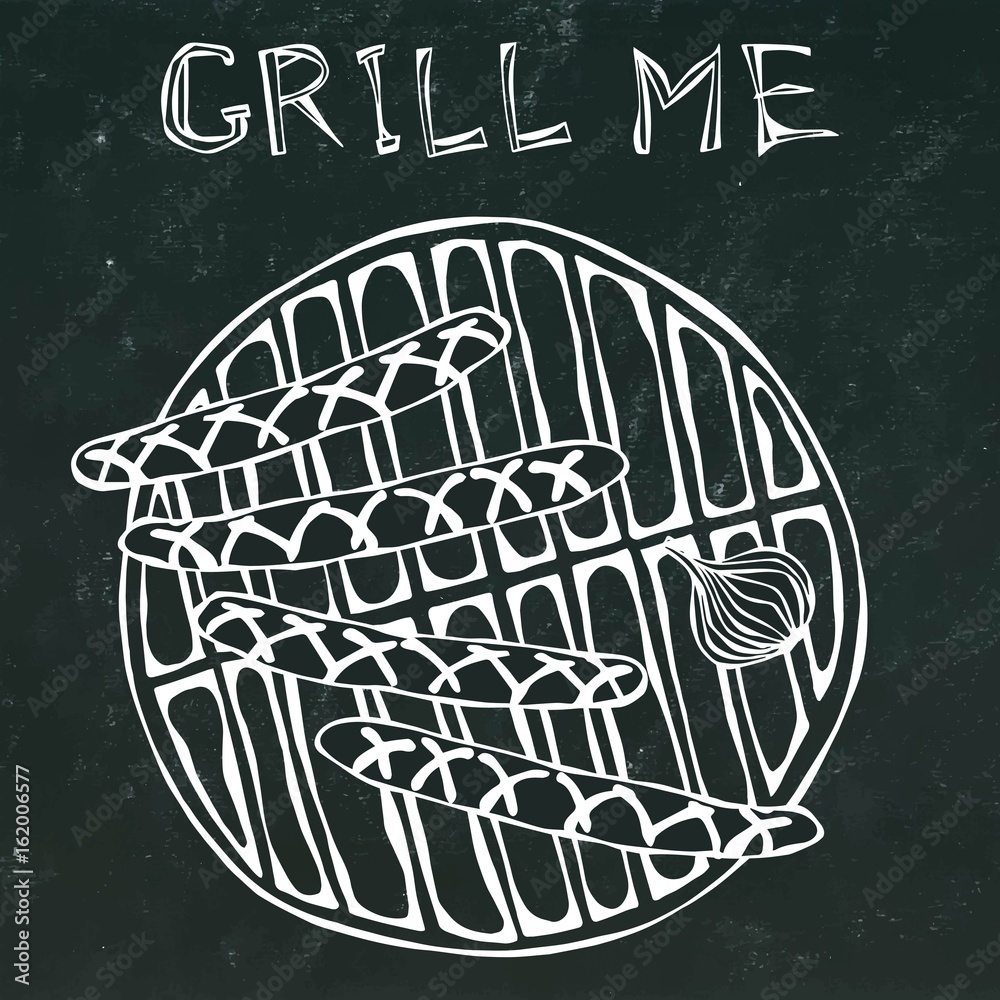 Sausages and Onion on The BBQ Grill. Lettering Grill Me. Barbecue Logo. Isolated on a Black Chalkboard Background. Realistic Doodle Cartoon Style Hand Drawn Sketch Vector Illustration.