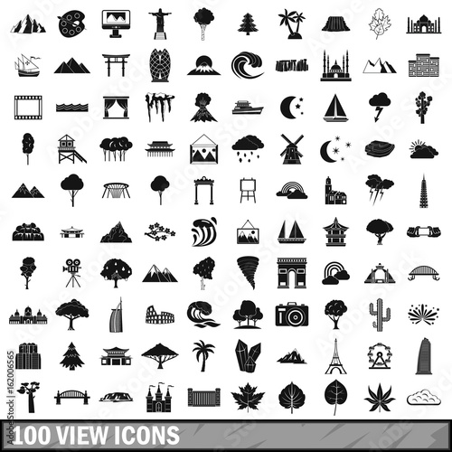 100 view icons set, simple style 