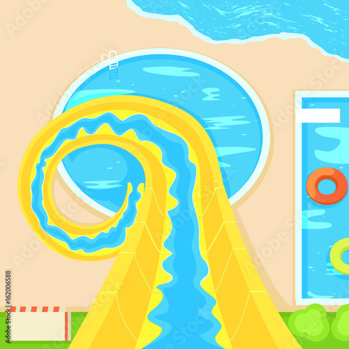 Aquapark. Descent from a steep hill. Vector Flat Illustration