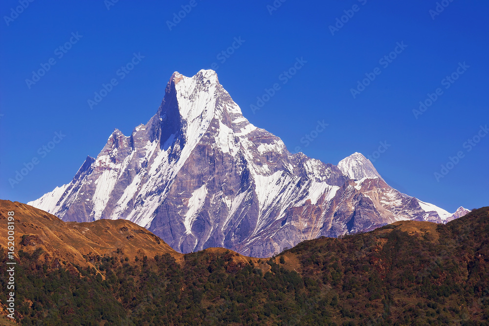 Machapuchare mountain view from Poon Hill with blue sky background. Nepal landscape, Annapurna circuit, Himalaya, Asia. Horizontal view