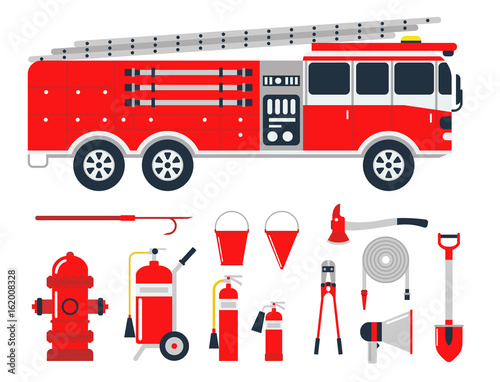 Fire safety equipment emergency tools firefighter safe danger accident protection vector illustration.