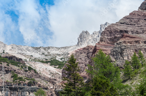 Triassic colorful strata overlain by dolomitic rocky reefs of Corno Bianco, Bletterbach canyon, Dolomites, Italy