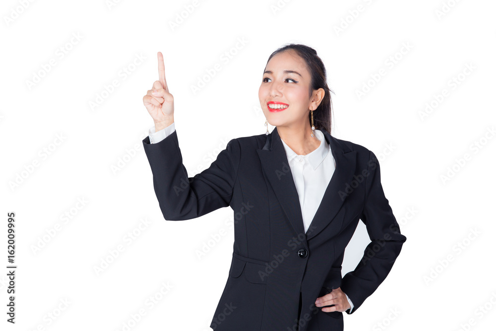 Young Buisnesswoman with finger point up on white background Young Buisnesswoman with finger point up on white background