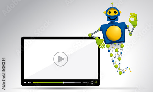 Blue and yellow robot genie floating next to a video screen with one hand making OK sign - Vector image