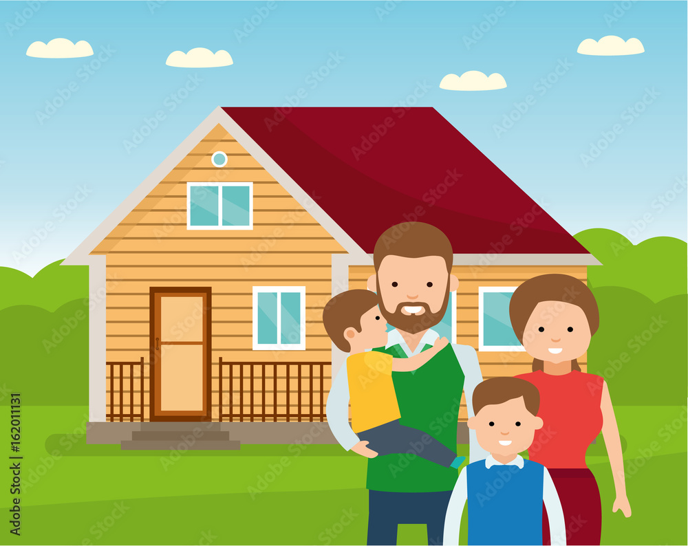 Happy family in the background of his home. Father, mother, and two son together outdoors. Vector illustrations in the flat cartoon style.