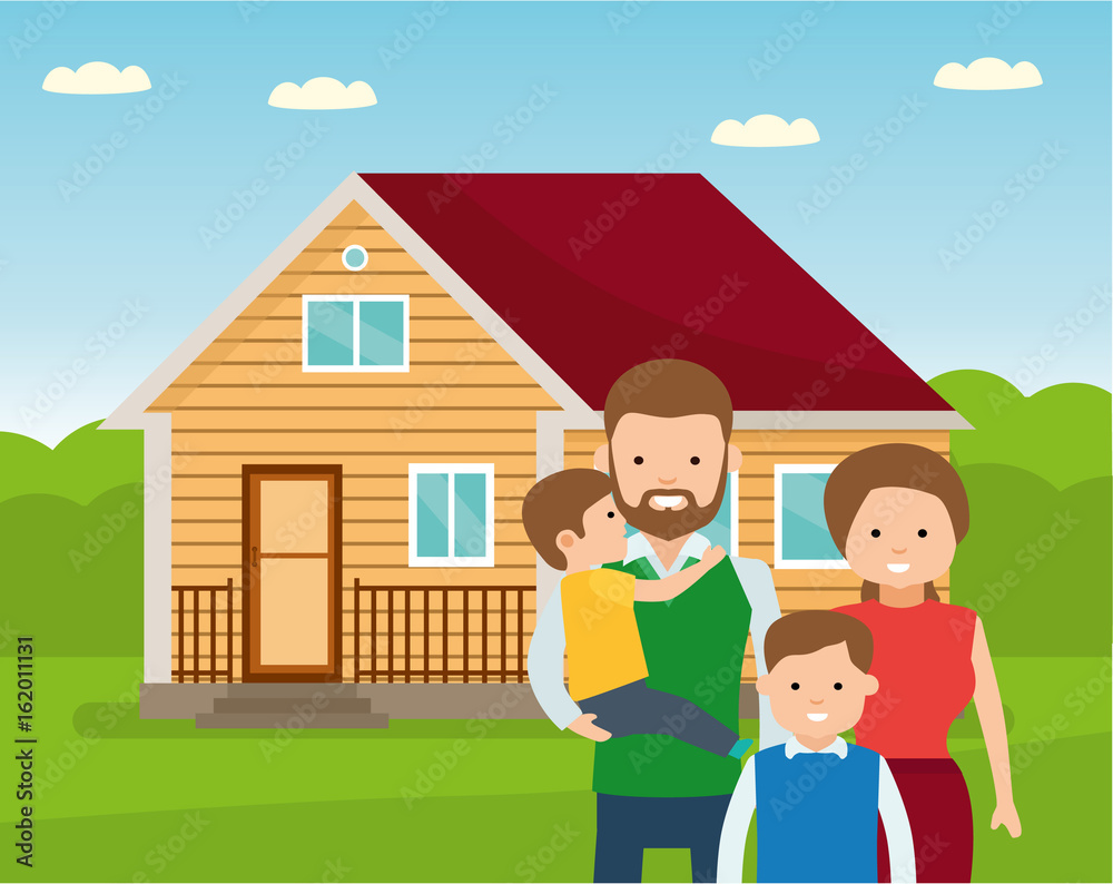 Happy family in the background of his home. Father, mother, and two son together outdoors. Vector illustrations in the flat cartoon style. Happy family in the background of his home. Father, mother, and two son together outdoors. Vector illustrations in the flat cartoon style.