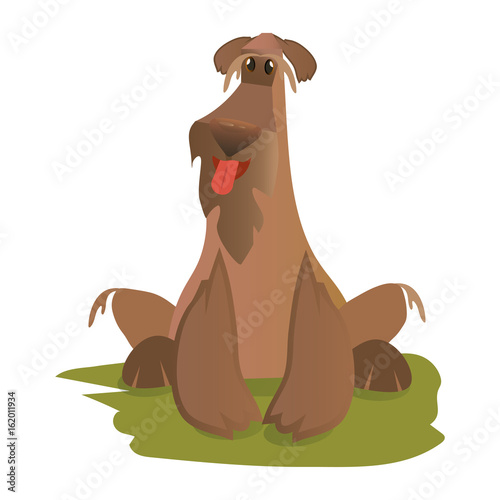 Vector illustration in a flat cartoon style: happy shaggy dog sitting on a grass.