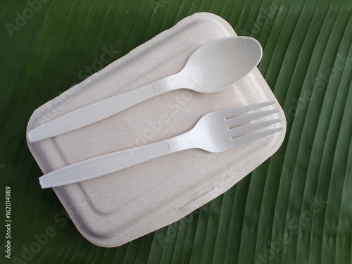 bioplastic spoon fork and disposable lunch box on banana leaf