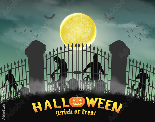 zombie group behind graveyard in cemetery gate 