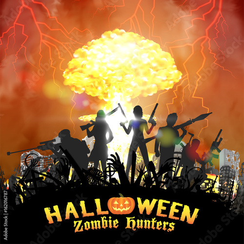 zombie hunter group with nuclear bomb background