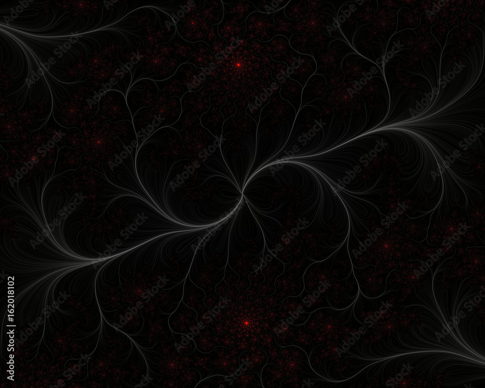 White fractal on dark background with red sparkling stars White fractal on dark background with red sparkling stars