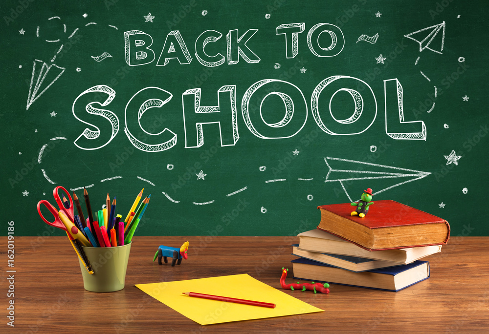 Back to school blackboard and student desk Back to school blackboard and student desk