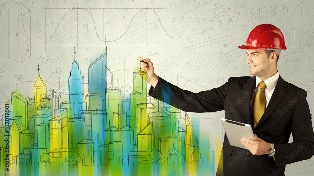 Business architect sketching a cityscape Business architect sketching a cityscape