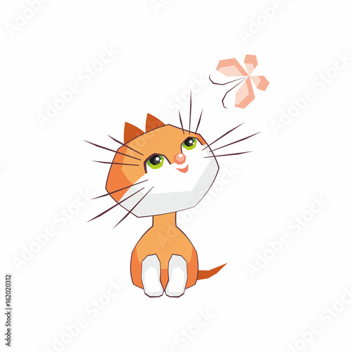 Small funny kitten plays with a butterfly. Children vector illustration in cartoon style.
