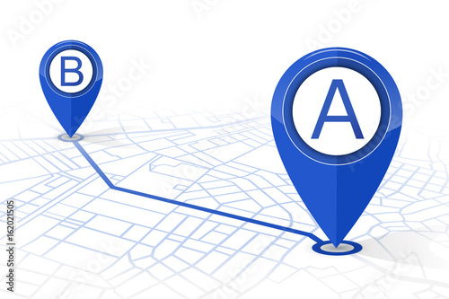 GPS navigator pin checking point A to point B dark blue color on white background