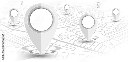 GPS navigator pin white color mock up wite map on white background
