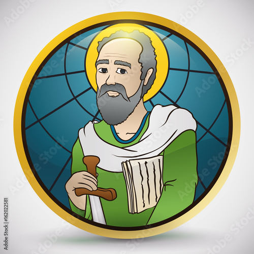 Round Button in Stained Glass Style with Saint Paul Image, Vector Illustration