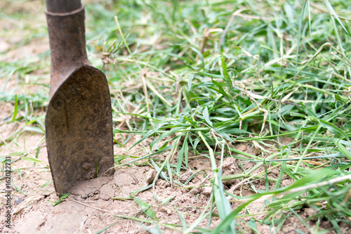 a spade near the grass