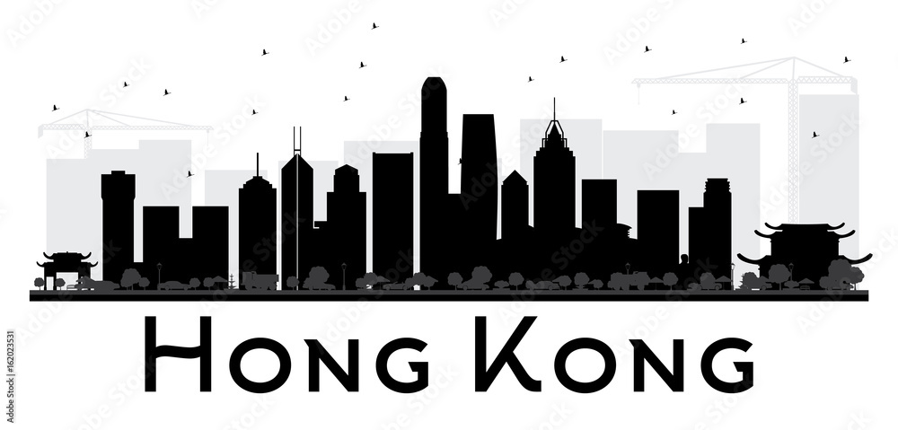 Hong Kong City skyline black and white silhouette.