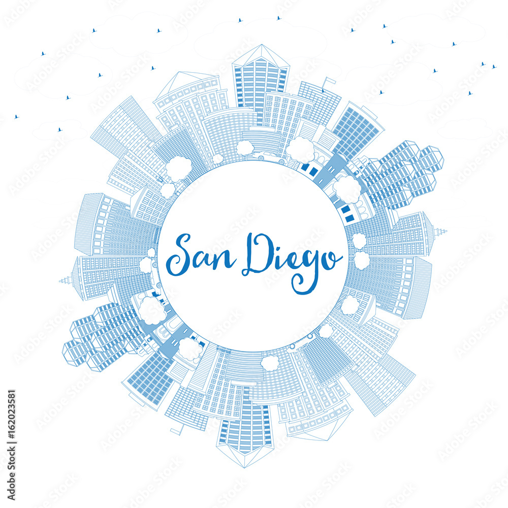 Outline San Diego Skyline with Blue Buildings and Copy Space.