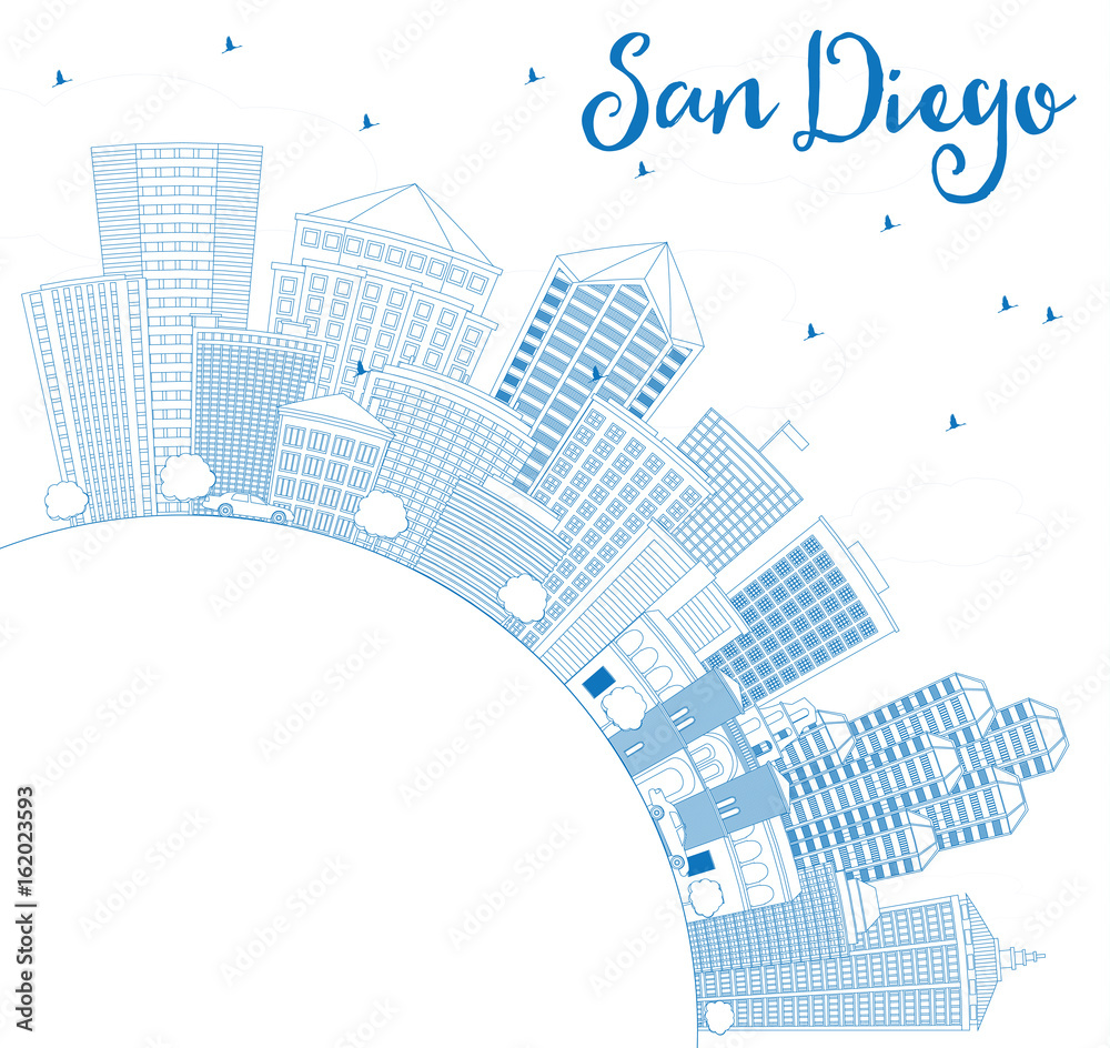 Outline San Diego Skyline with Blue Buildings and Copy Space.