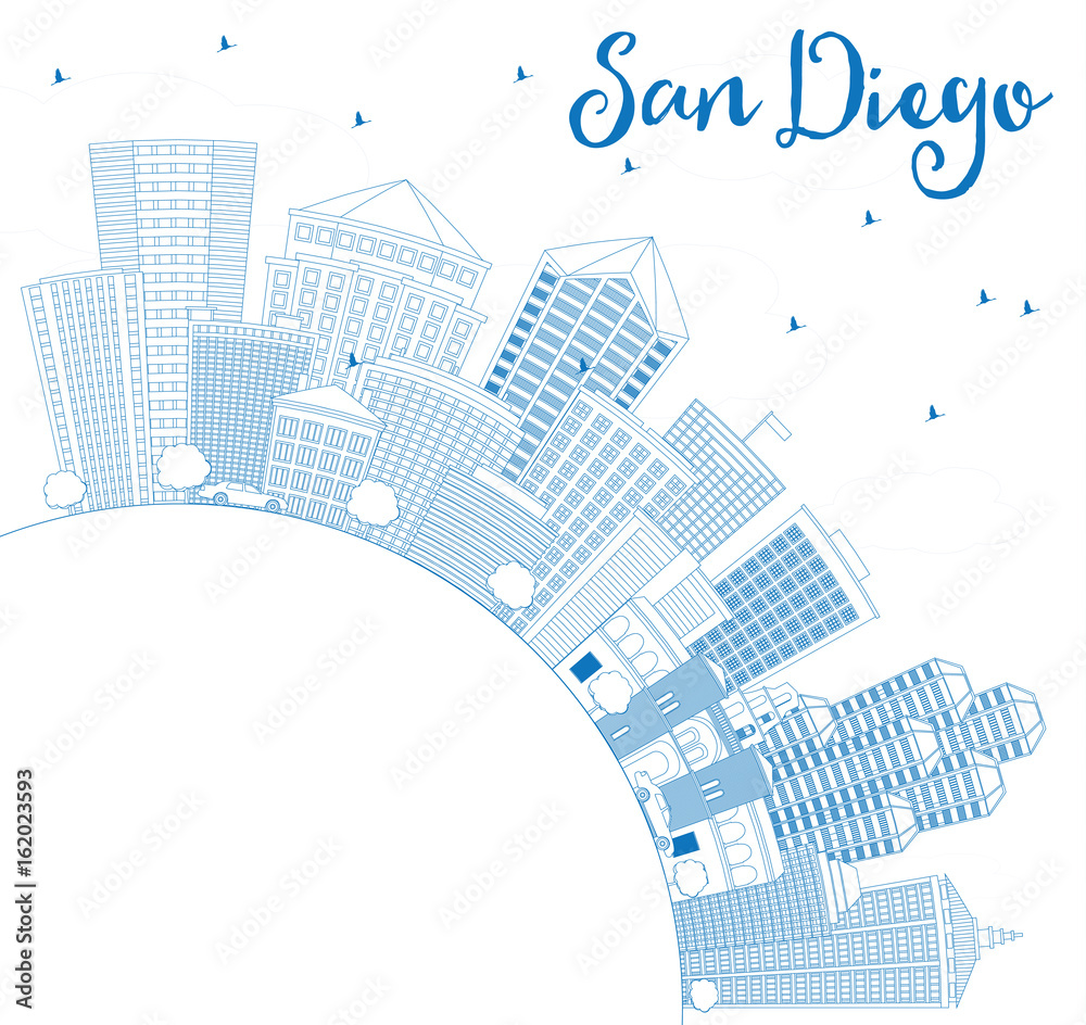 Obraz premium Outline San Diego Skyline with Blue Buildings and Copy Space.