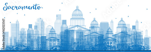 Outline Sacramento Skyline with Blue Buildings.