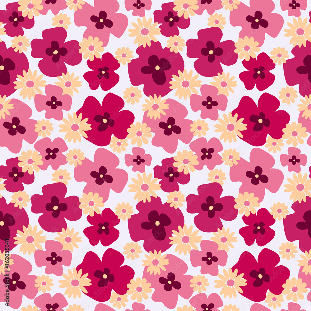 Seamless floral cute pattern with poppies and daisies