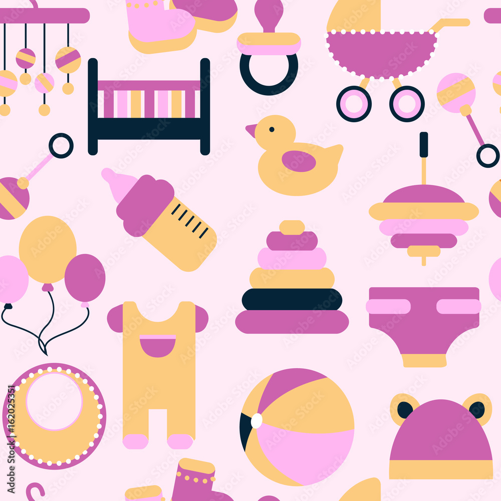 Vector graphic seamless pattern in pink colors. Accessories for child life, baby care, newborn girl congratulation. Banner with childhood's pattern. 