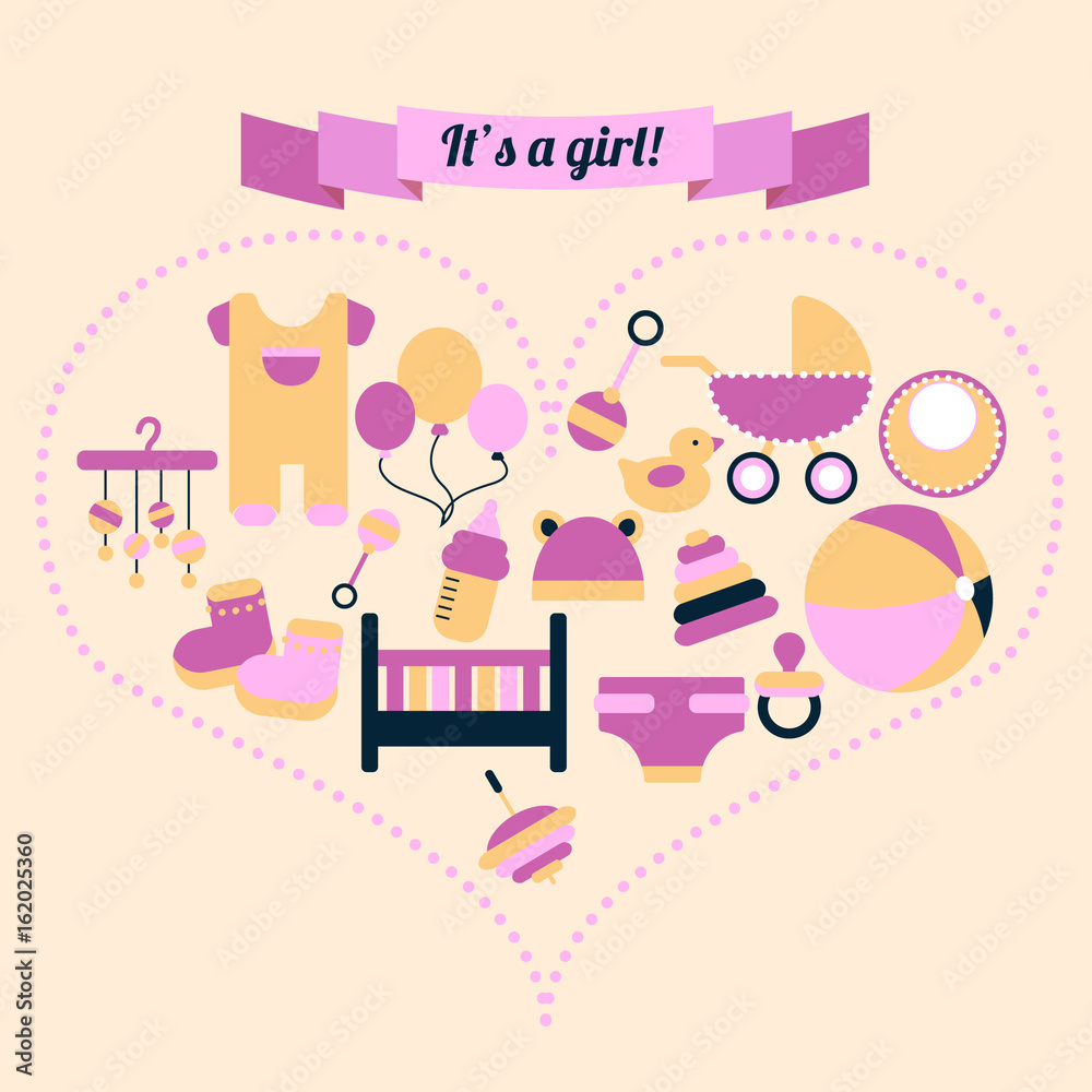 Vector graphic set in pink colors. Accessories for child life, baby care, newborn girl congratulation. Banner with childhood's pattern in heart-shaped frame. 