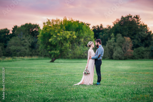 The bearded groom and bride blonde hugging at sunset. Wedding in the summer.