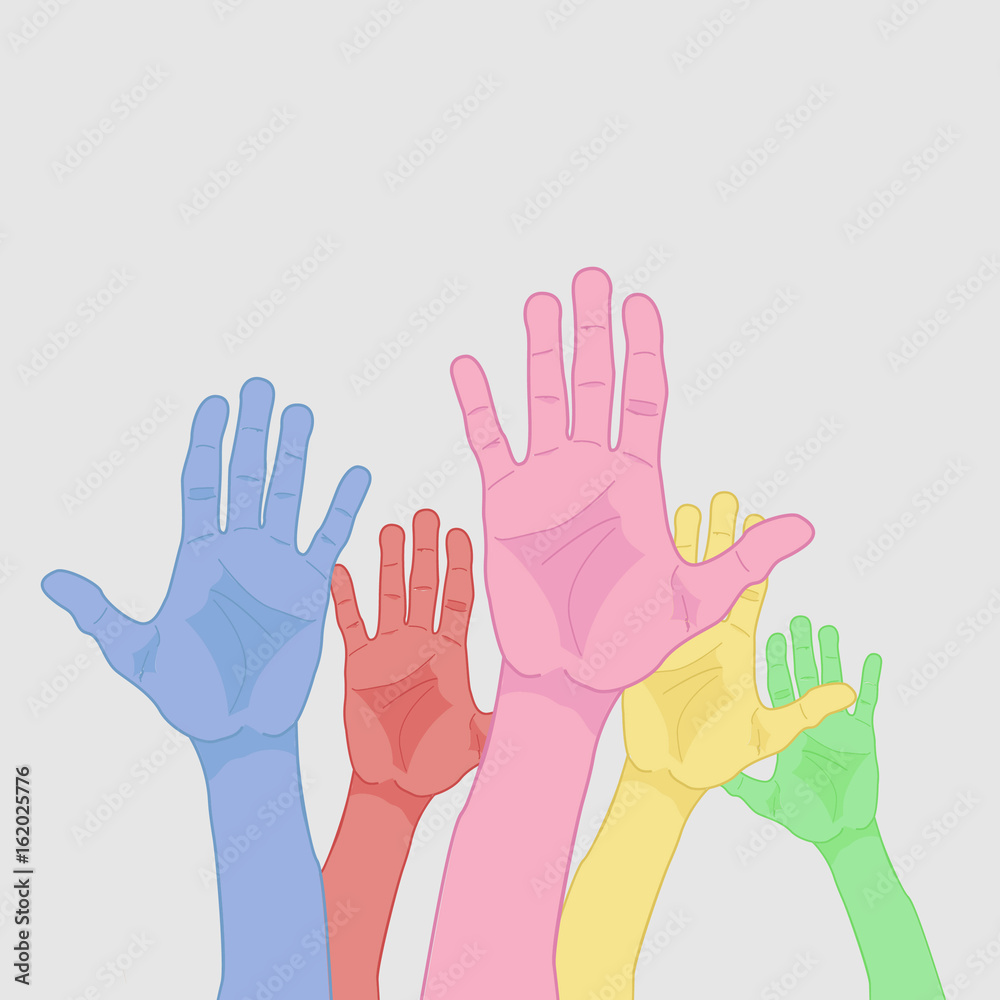 Colorful hands of different people in the air. Concept illustration Colorful hands of different people in the air. Concept illustration