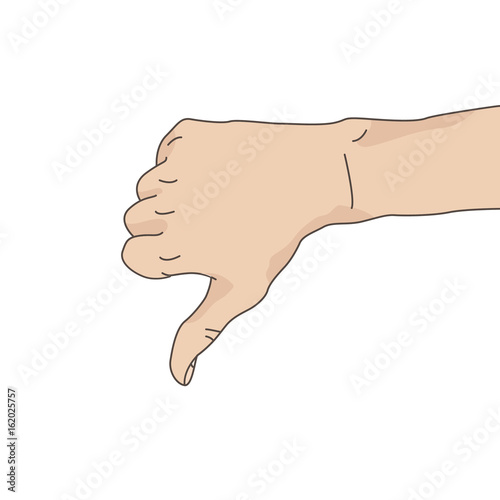 A hand with a thumb down. Disapproval sign. Illustration with a black outline on white background photo