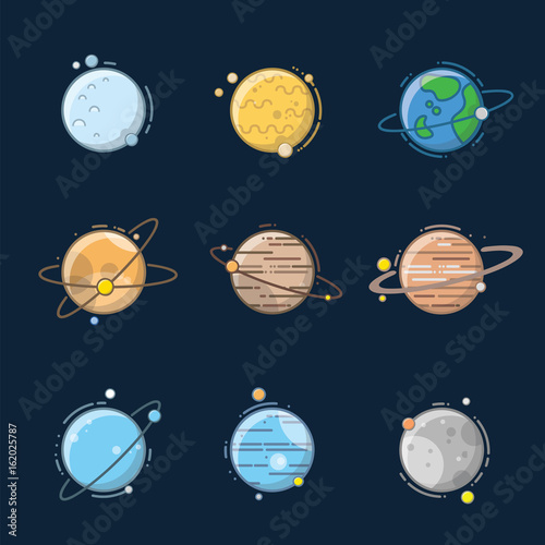 Planet in solar system with cartoon and outline